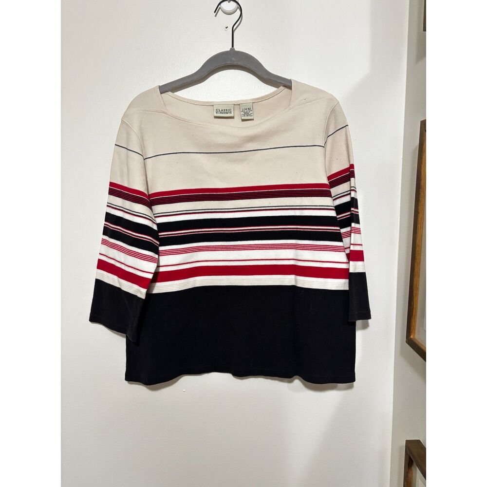 Classic Elements Striped Knit Top Womens L Boat Neck Preppy Cotton‎